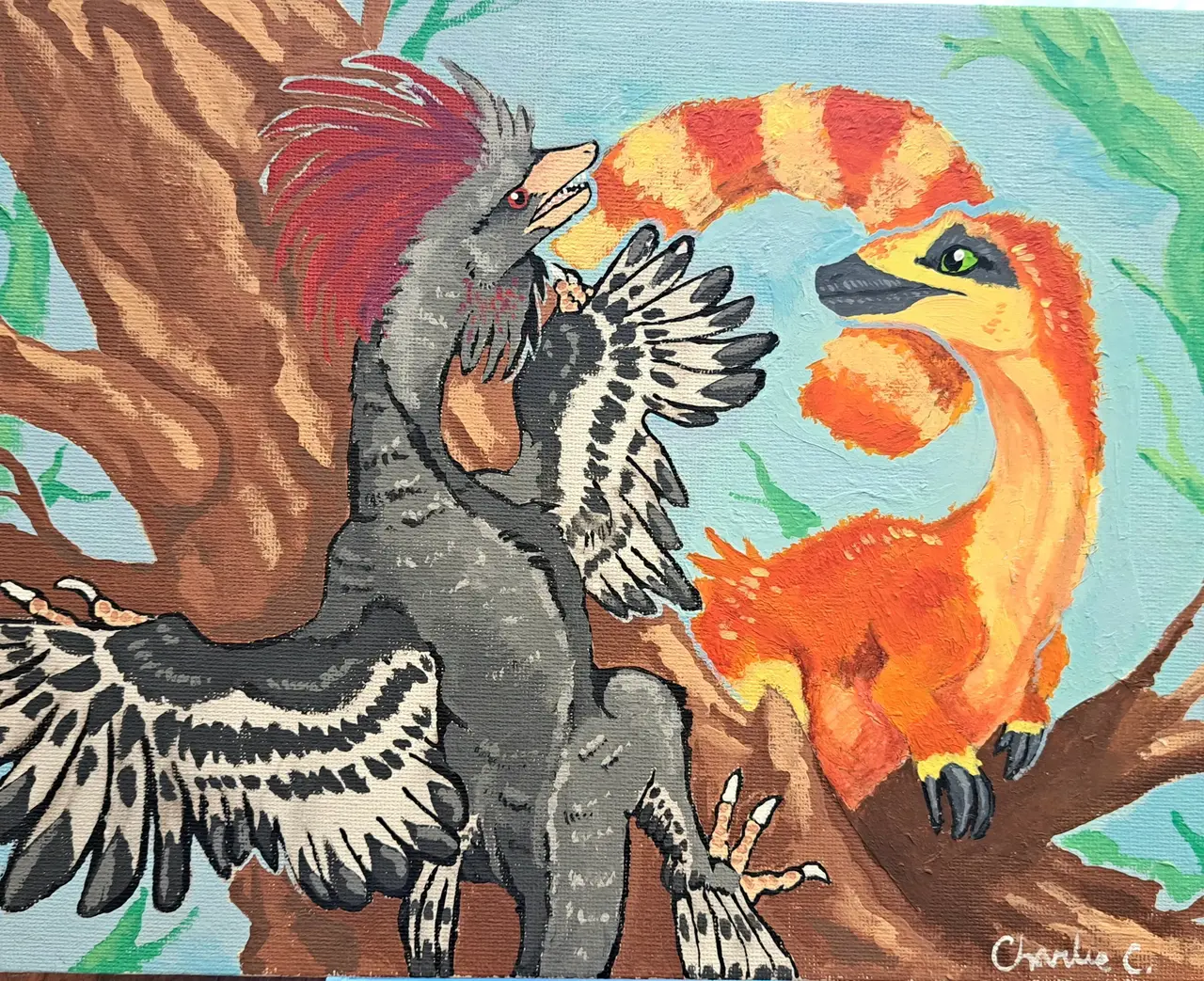 Anchiornis and Sinosauroperyx (2026) | Acrylic Painting