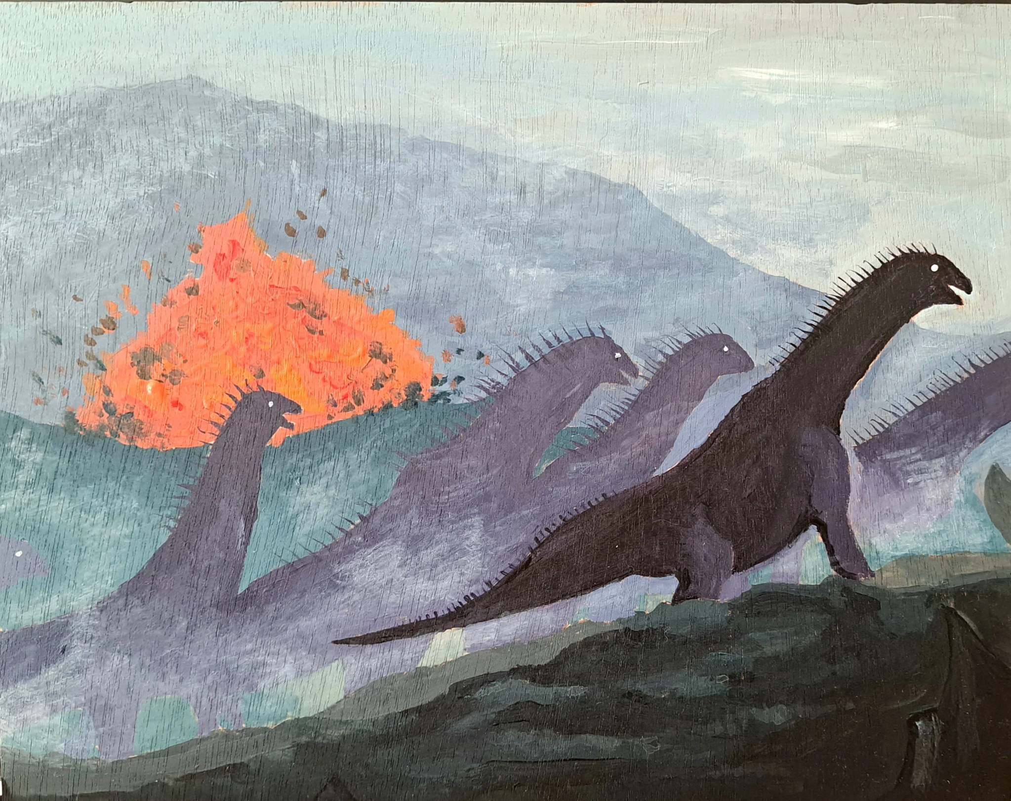 Titanosaurs Migrating (2026) | Acrylic Painting on Wood Panel 9x6in